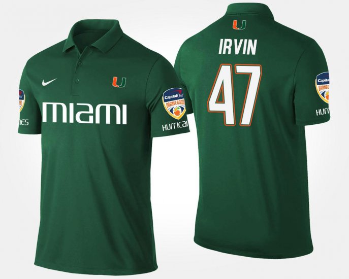 #47 Michael Irvin Bowl Game Hurricanes Orange Bowl Name and Number Men\'s Green Polo 159579-734