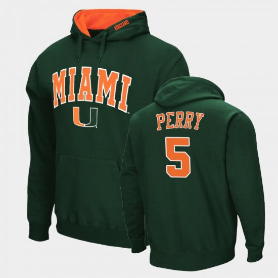 #5 N\'Kosi Perry Arch & Logo 2.0 Miami Hurricanes Pullover Men Green Hoodie 413982-818