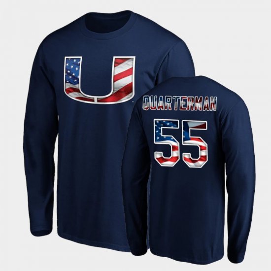 #55 Shaquille Quarterman Banner Wave University of Miami Long Sleeve Men\'s Navy T-Shirt 751200-464