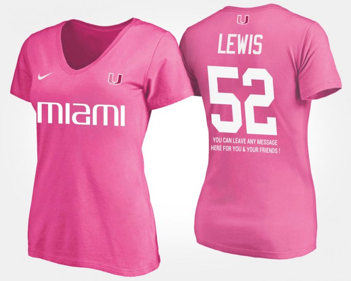 #52 Ray Lewis Name and Number University of Miami With Message Womens Pink T-Shirt 128833-938